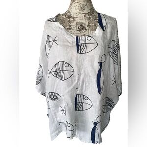Transparente Fish Print Oversized Linen Lagenlook Art To Wear Blouse Women’s 3
